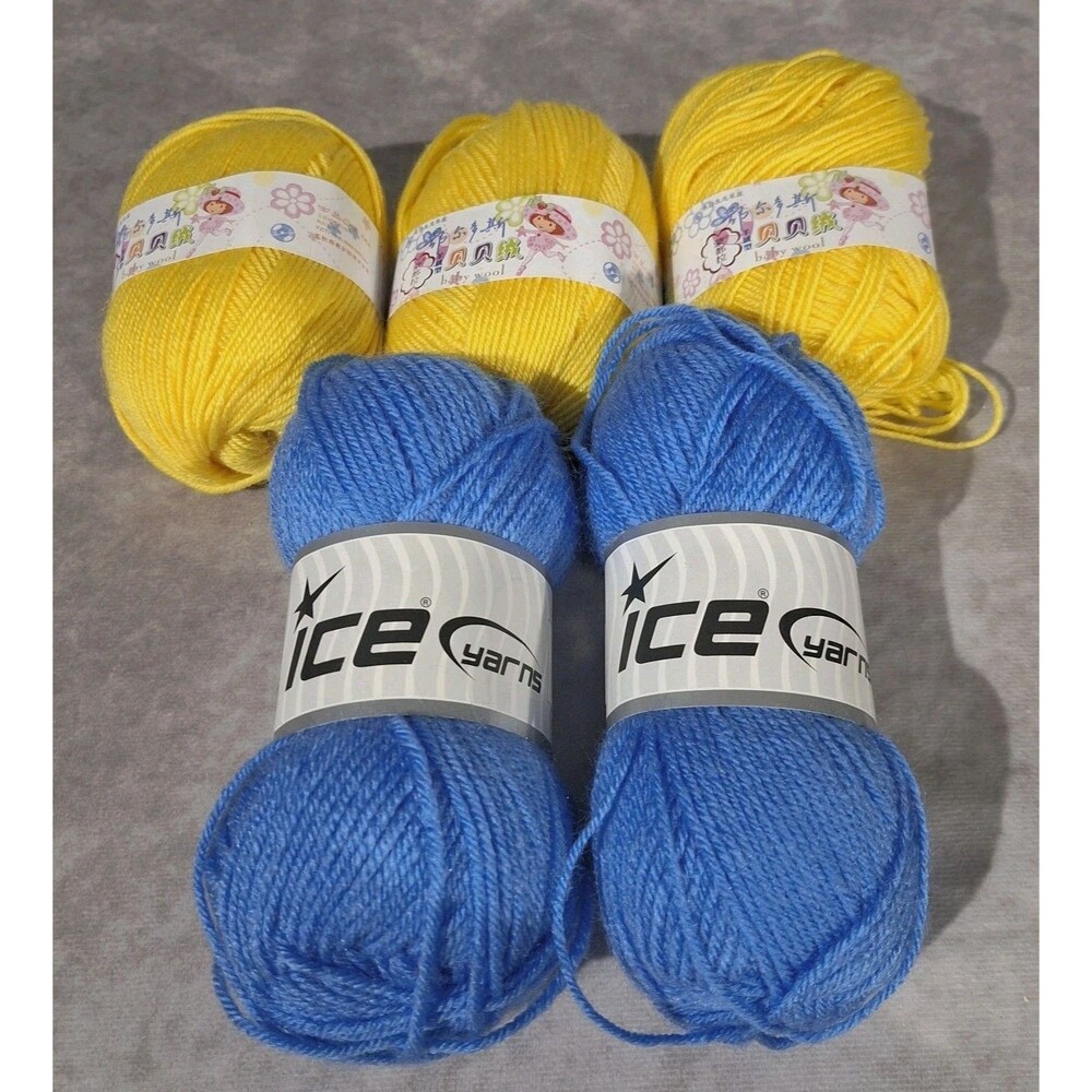 Lot Of 5 Ice Yarns & Other Brand Baby Wool Blue & Yellow Wool Acrylic